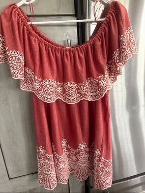 Off-Shoulder Coral blouse  with White Embroidery size xl